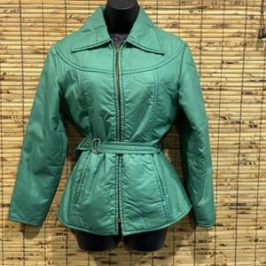 Skitique Vtg Ski Jacket Womens S Green Belted Quilted Puffer Zip Coat 70s Retro‎